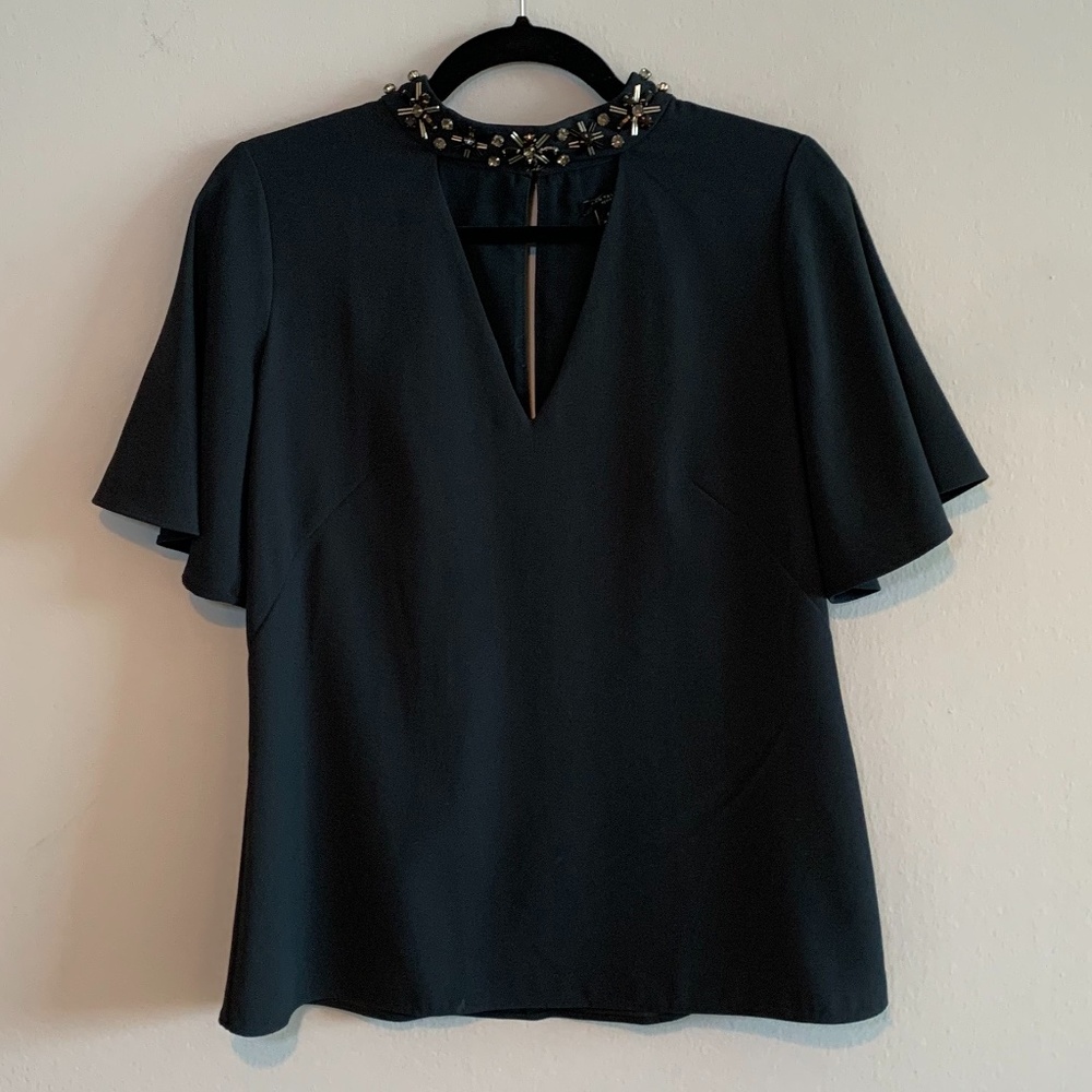 Ann Taylor Dark Navy Blouse with Gem Stone Neck